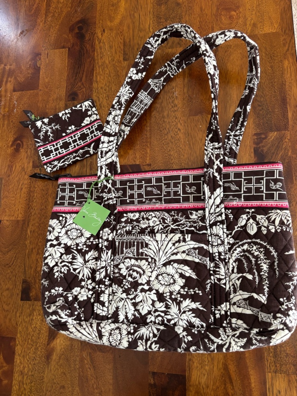 Vera Bradley Brown and White Quilted Floral Tote with Pink Trim